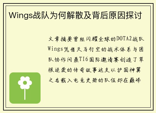 Wings战队为何解散及背后原因探讨