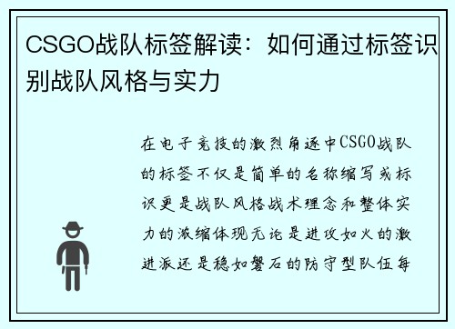 CSGO战队标签解读：如何通过标签识别战队风格与实力